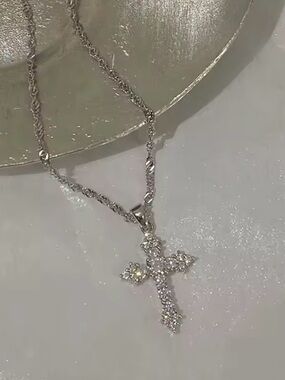 Sterling Silver Cross Pendant Necklace with Clear Stones - new